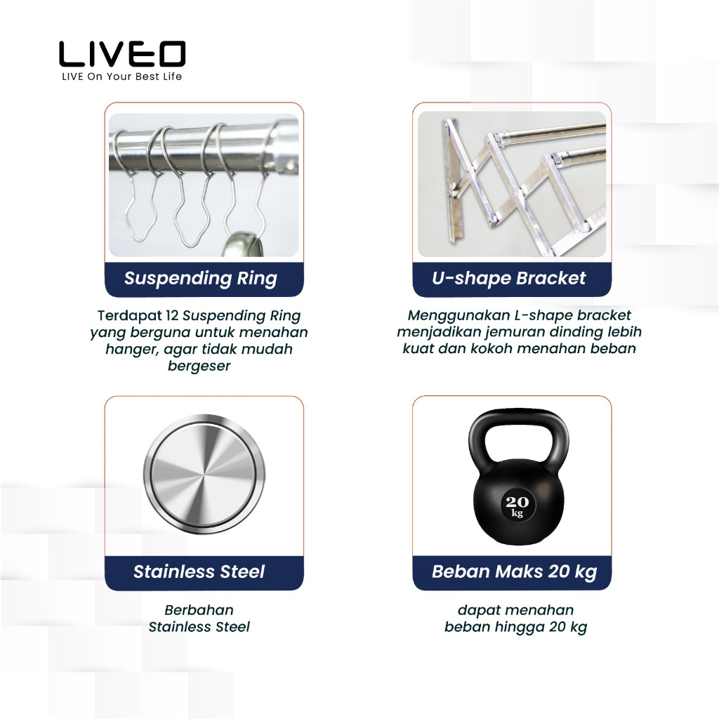 LIVEO Jemuran Dinding Stainless Steel Anti Karat LV304