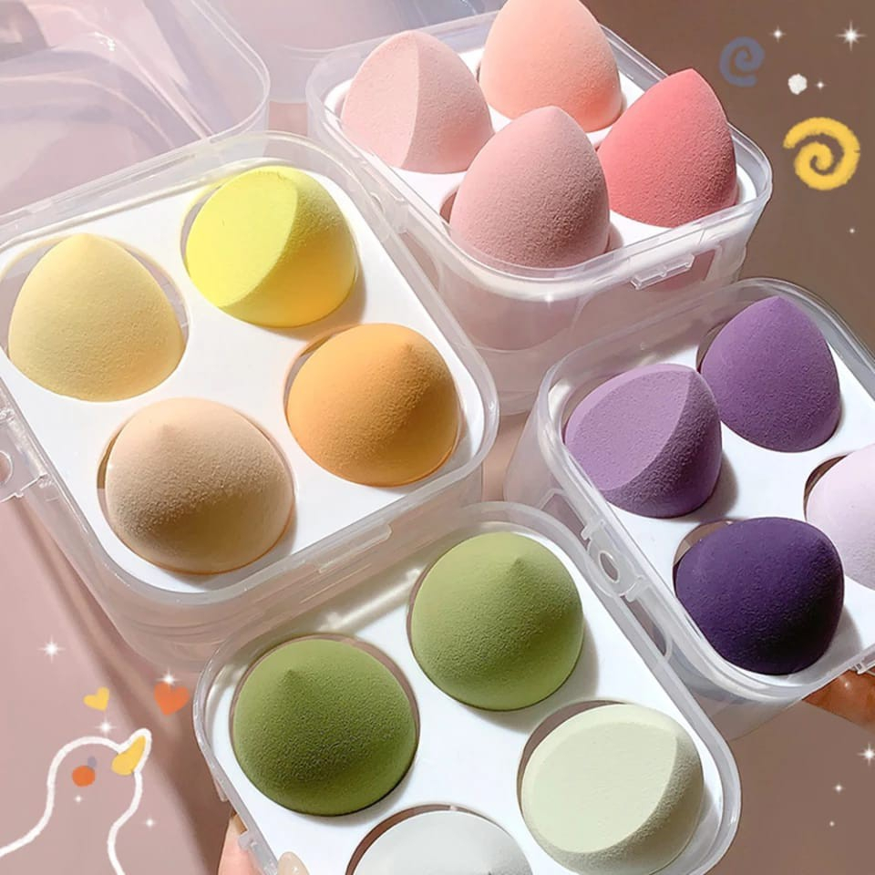 Sponge spons make up lembut empuk beauty blender foundation water wash bedak muka with case toples kotak plastik set isi 4 wash original lucu cute rekomendasi