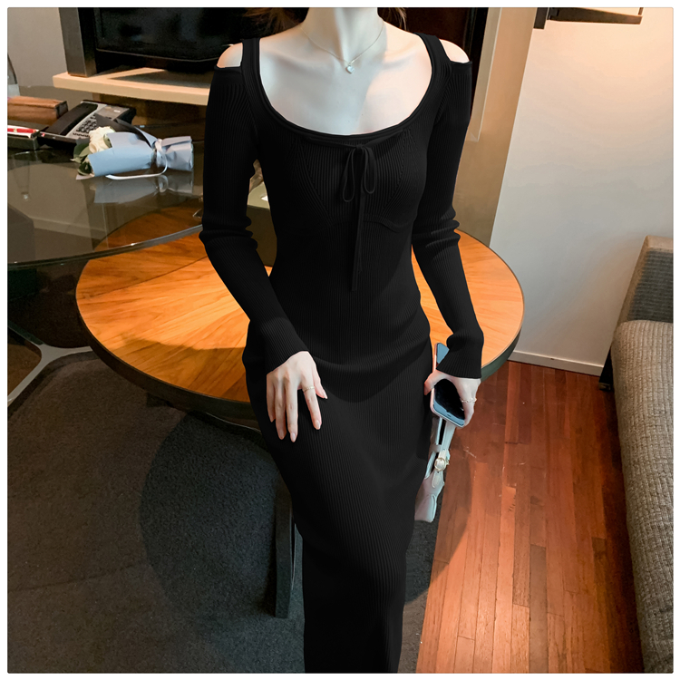 【Elegant】Solid Color Long Sleeve knit Bodycon  Dress 7549