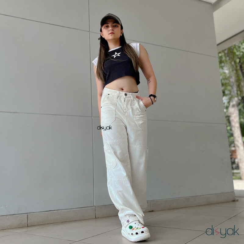 DISYAK - Cargo Pants Loose Highwaist Jeans Non-Stretch Broken White 115-215