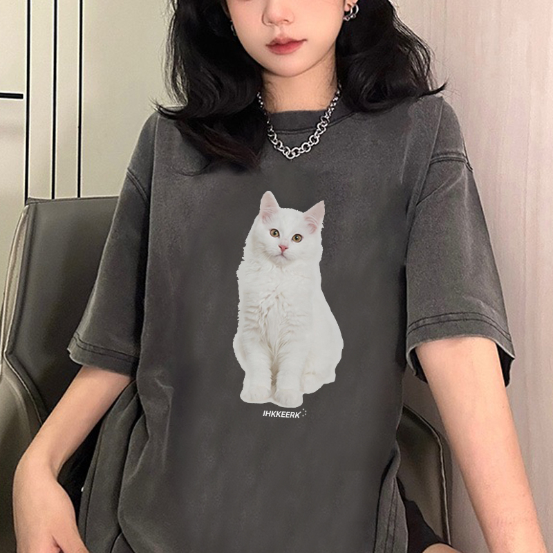 EUNII T-shirt Lengan Pendek Black Washed Vintage Putih Cat Printing Korean Style/Kaos Atasan Wanita/Baju Wanita