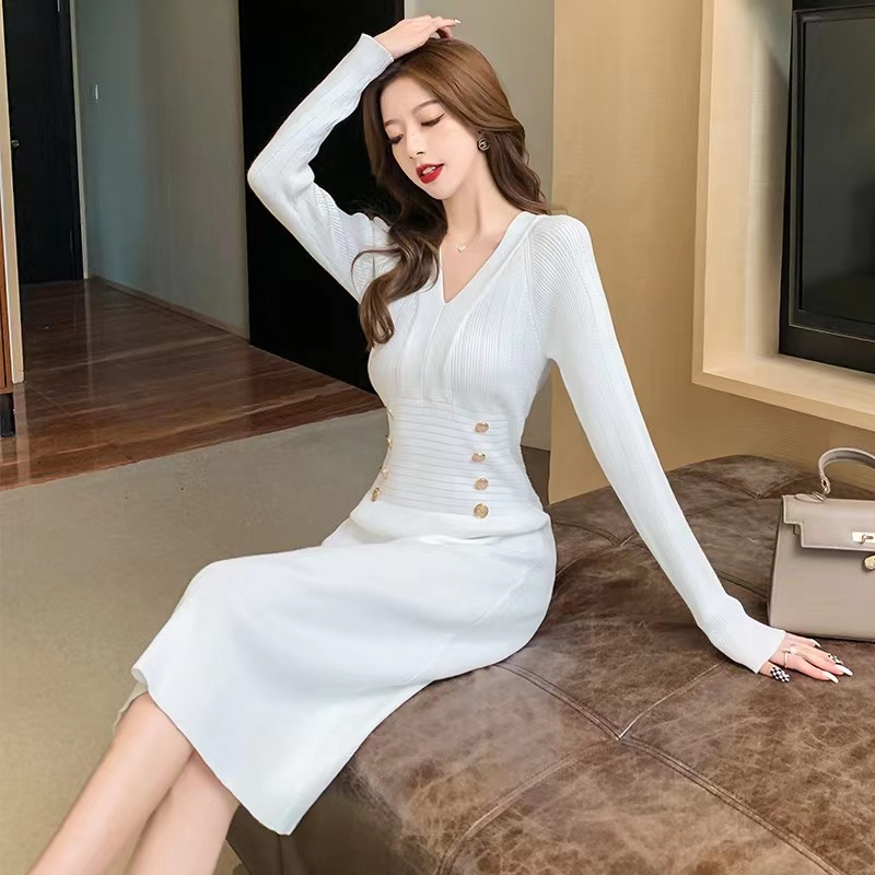 【Elegant】Bodycon V-Neck Long Sleeve Knit Midi Dresses 7556