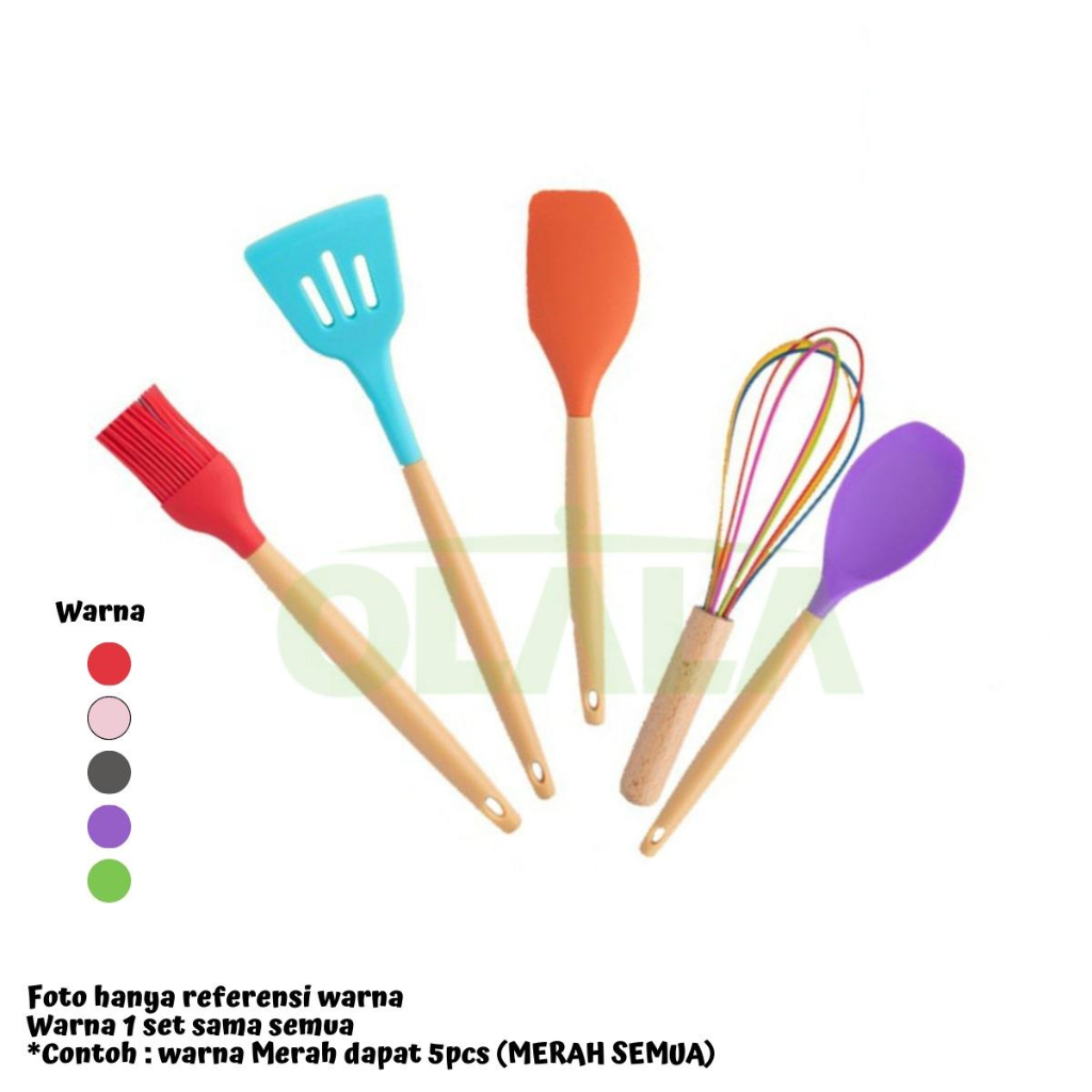 ALAT MASAK SET SPATULA SUTIL SET 5IN1 SILICONE GAGANG KAYU UTENSIL SPATULA SET MULTIFUNGSI OLL-4235/OLL-4236/OLL-4237