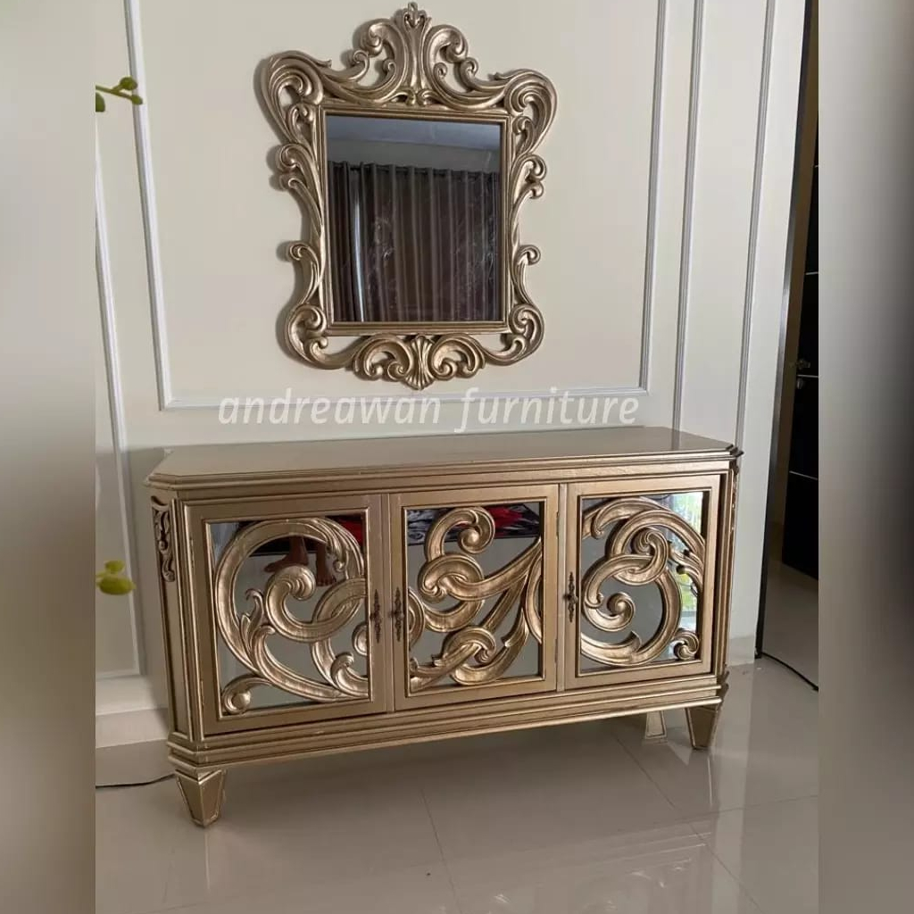 Bufet Rias Kaca Cermin Ukiran Luxury Emas - Meja TV