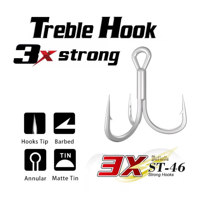 50pcs Sailor Treble Hook ST46 3x Strong Matte Tin