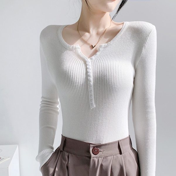 【Elegant】V-Neck Long Sleeve Button Knit T-Shirts  2365