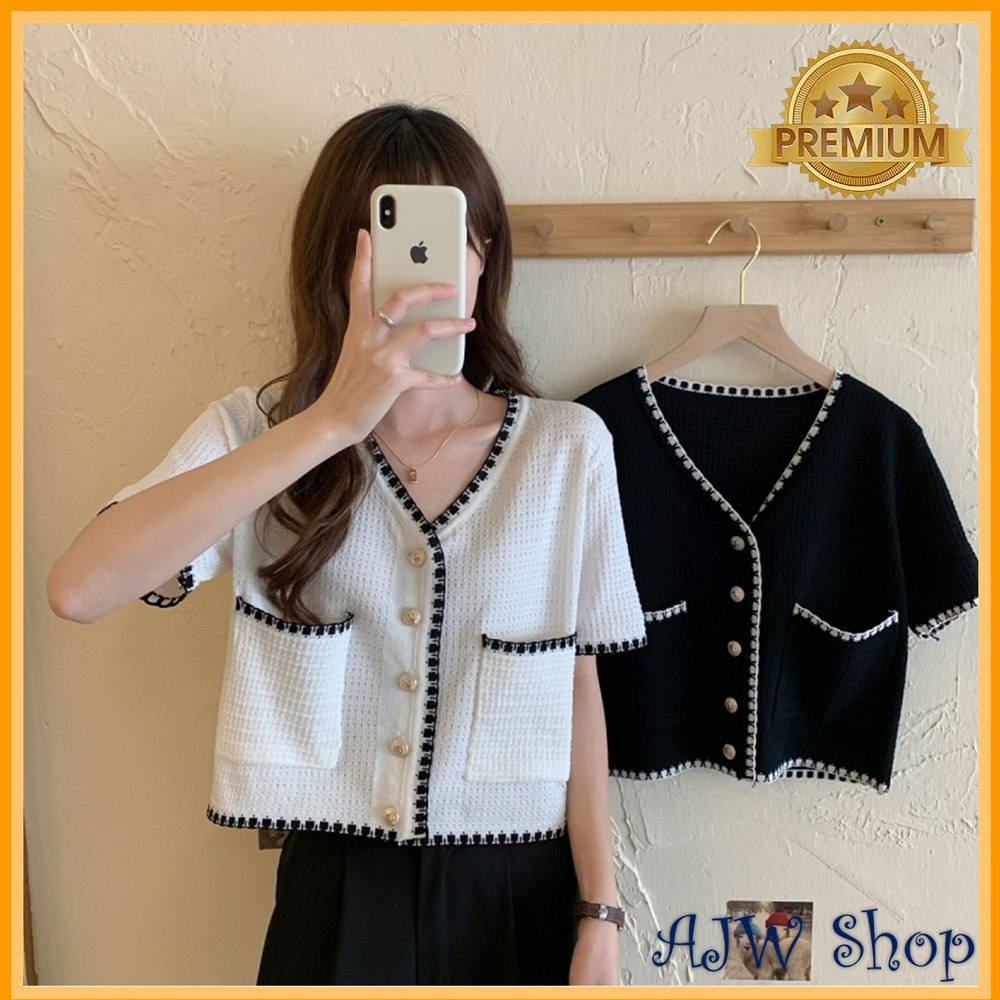 AJW Atasan Wanita Import Rajut Premium Korean Style Hitam Putih UG | Baju Rajut Import Wanita Korea 