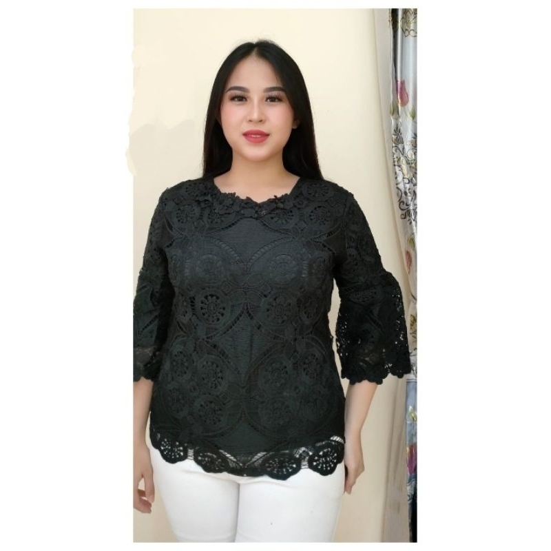 Atasan brokat motif roda bunga leher renda m l xl tangan 3/4 furing