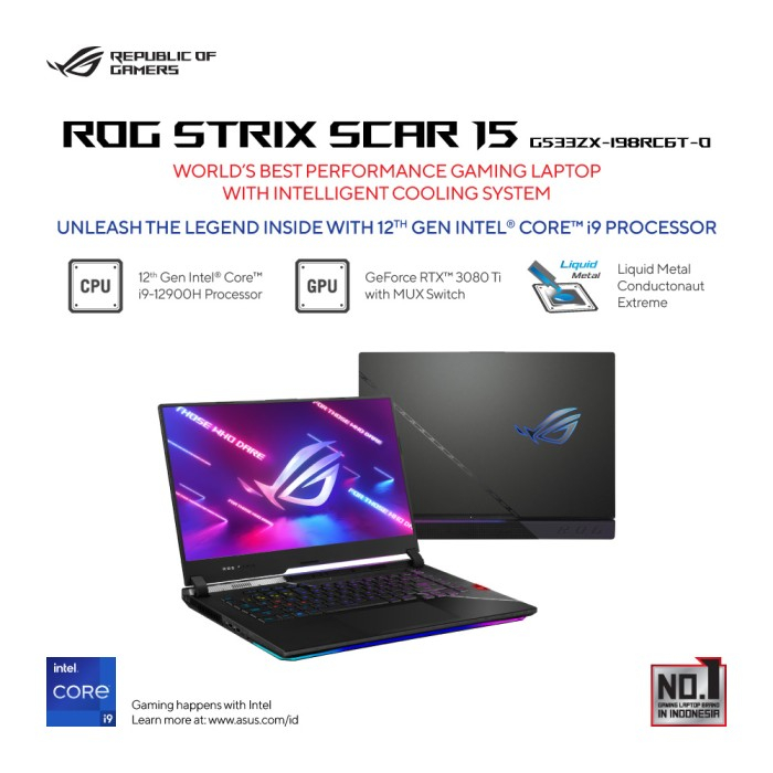 Laptop Gaming Asus Rog Strix Scar G533ZX I98RC6T-O RTX3080TI 16GB  I9 12900H 32GB 2T B W11 OHS2021 15.6QHD 240HZ