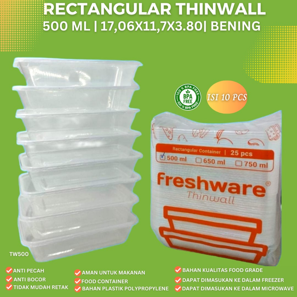 Thinwall Rectangle 500 Ml Food Container (Isi 10 Pcs-TW500)