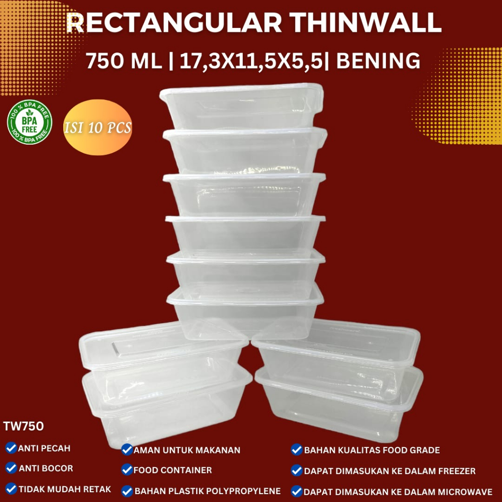 Thinwall Rectangle 750 Ml Food Container (Isi 10 pcs-TW750)