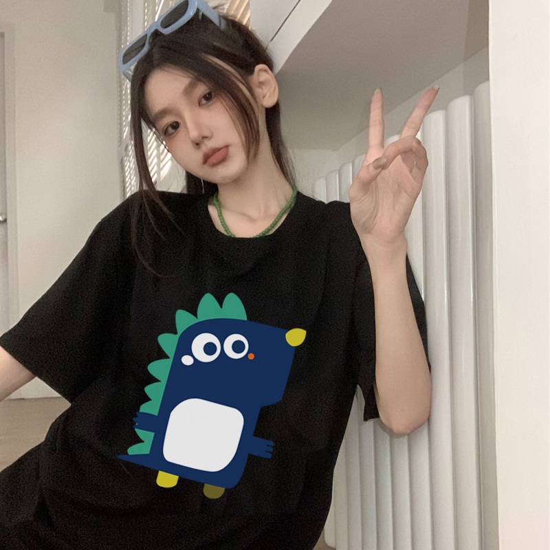 Print T-shirt Kaos Lengan Pendek Cartoon Small Dinosaur Baju Wanita Oversize Korean Style
