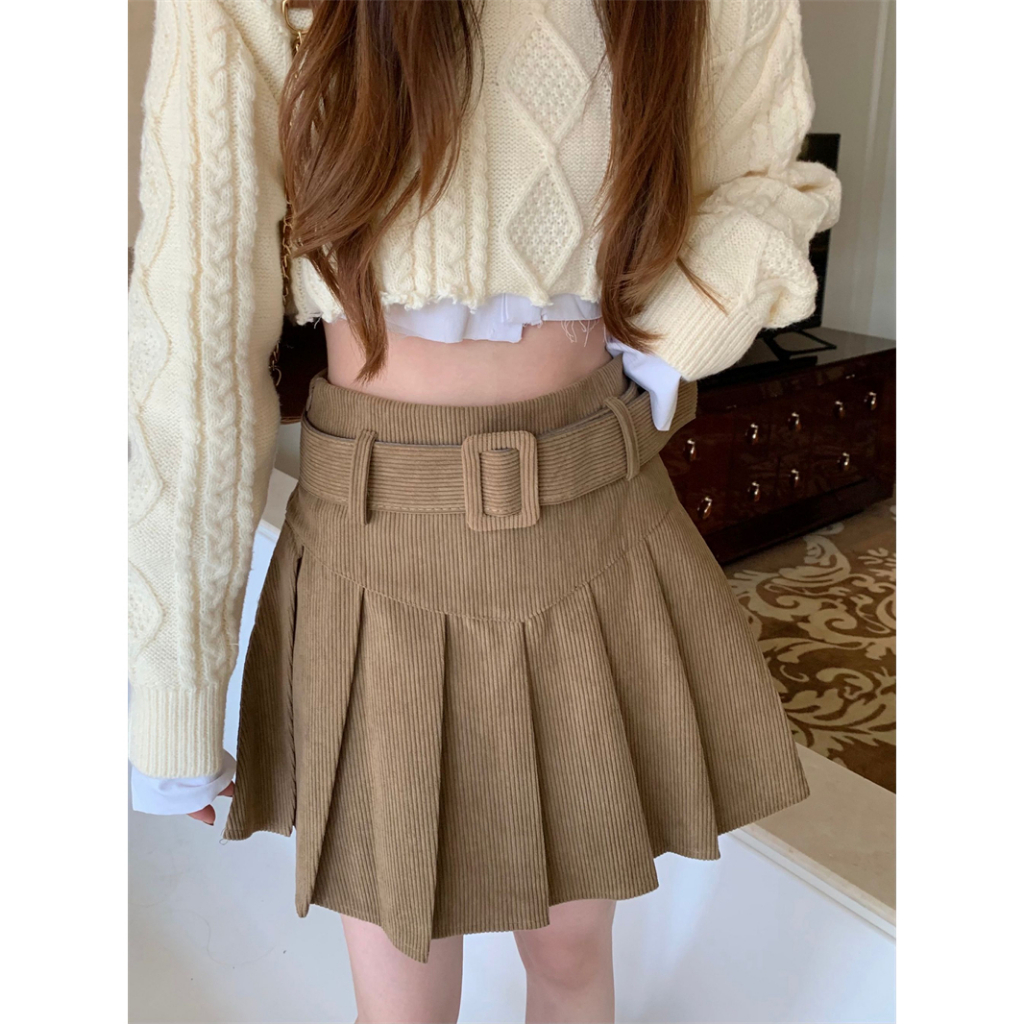 Korean Style Corduroy Rok Retro Hitam High Waist Vintage Skirt Mini