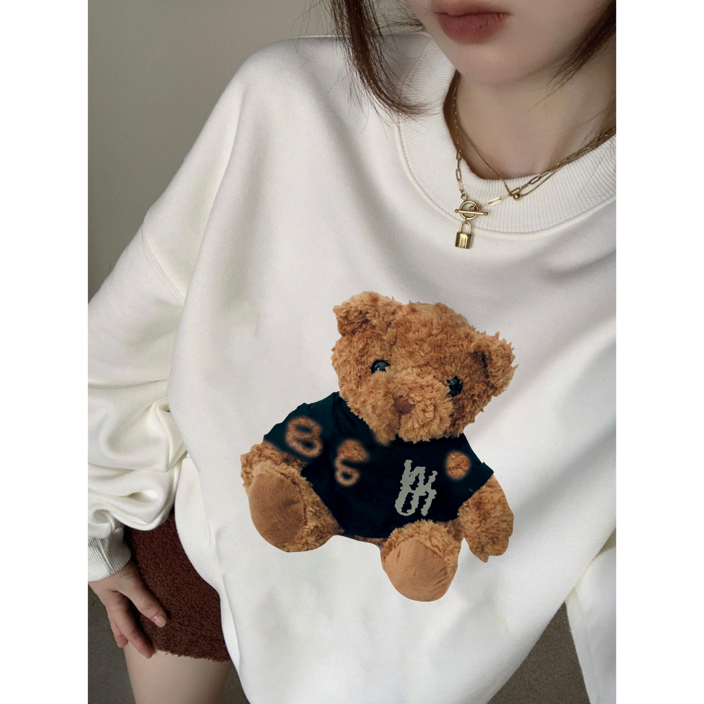 EUNII Sweater Lengan Panjang Cartoon Plush Bear Toy Painting Korean Style/Hoodie Oversize/Baju Wanita/Switer Wanita