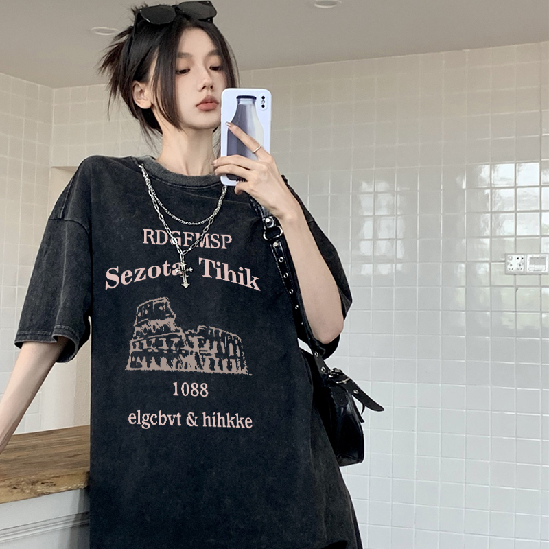 Print Washed T-shirt Kaos Lengan Pendek Oversize Vintage Building Korean Style Atasan Wanita
