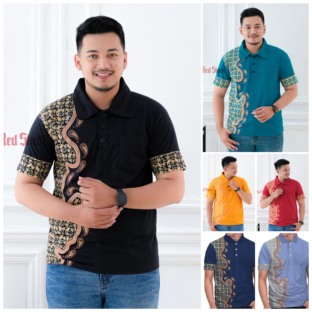 RED SKULL Kaos Kerah Polo Katun Batik Kawung Besar Batik Solo Ada Saku