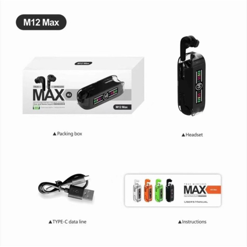 Earphone Gaming TWS M12 Max Earbud Gaming dengan Power Bank LED- TWS M12 Max