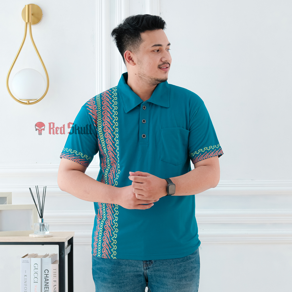 RED SKULL Kaos Kerah Polo Batik Parang Bahan Katun Solo Hijau Ada Saku