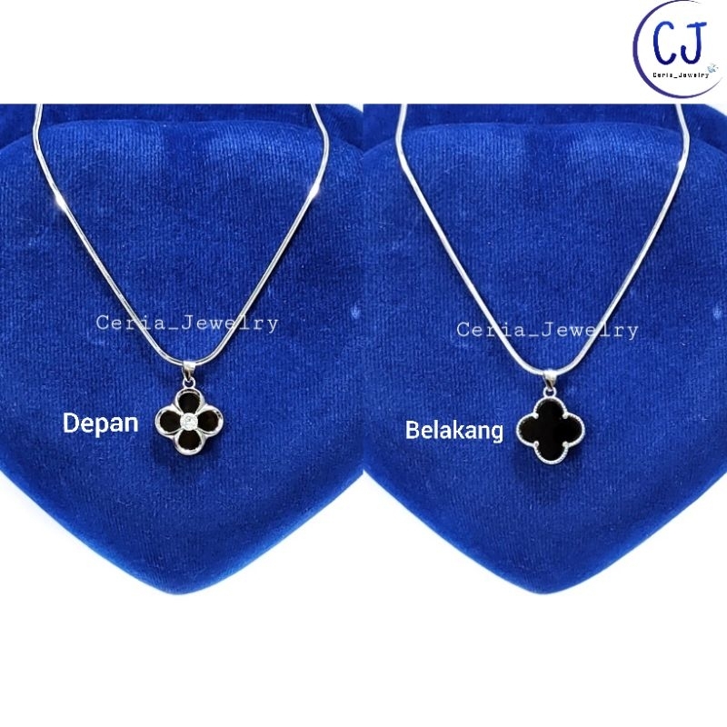 Kalung Perak Asli 925 Lapis Emas Putih Model Liontin Van Cleef / Clover Depan Belakang - Kalung Anti Karat