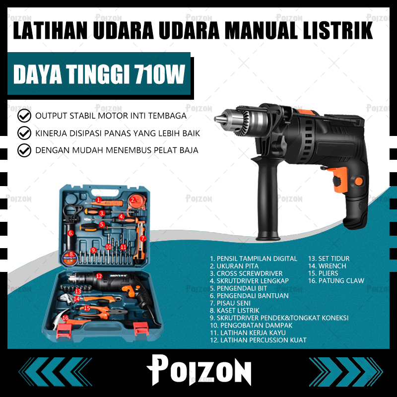 Poizon Mesin Bor Listrik 13MM Bor Listrik 750W Mesin Bor Impact Drill Listrik Alat Bor Listrik Alat 