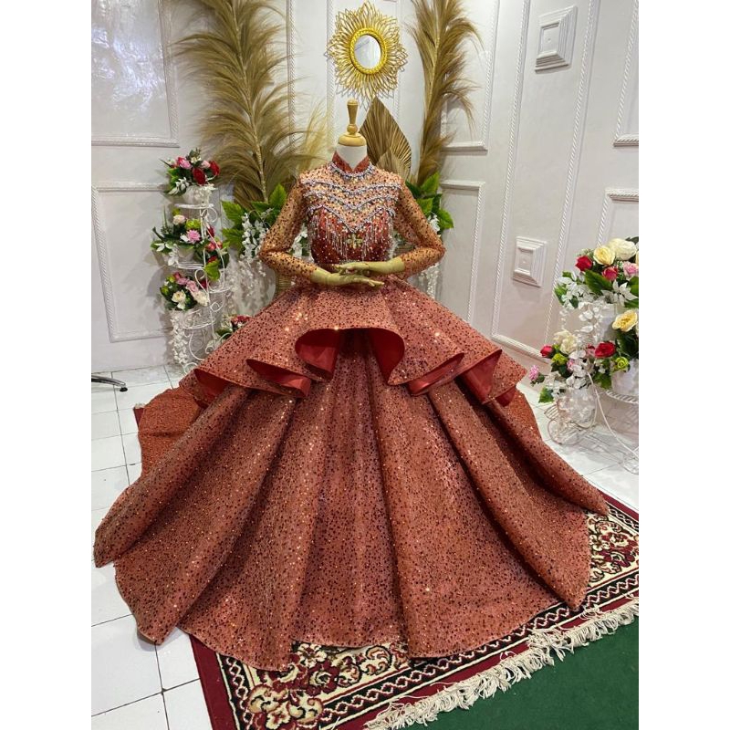 PREMIUM !!! GAUN PENGANTIN TRAKOTA GOTIK FULL SQUEEN MODERN, MEWAH, TARO, MAROON, SAGE, LEMON