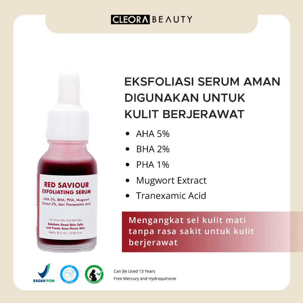 Cleora Red Saviour Exfoliating Serum Peeling Eksfoliasi Wajah Wanita Pria untuk Mengangkat Sel kulit Mati With AHA BHA PHA Acne Jerawat