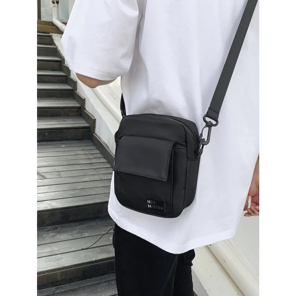 Tas mini letter graphic zipper front & square bag unisex, Tas casual pria & wanita.