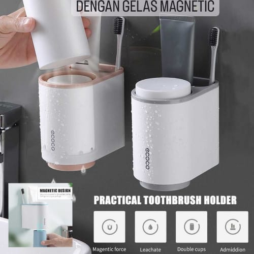 Rak Tempel Sikat Gigi &amp; Gelas Magnetic Tempat Sikat Gigi Odol Tempel Wall Mounted Toothbrush Holder