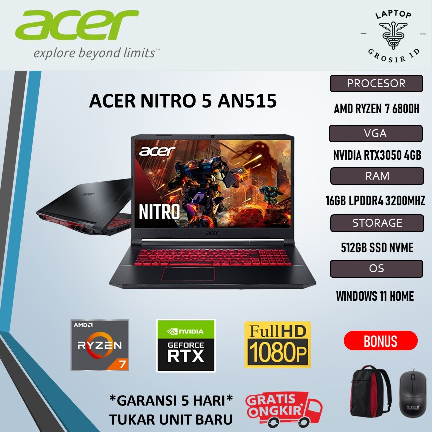 Laptop Acer Nitro 5 AN515 RTX3050 4GB RYZEN 7 6800 16GB 512SSD W11PRE 15.6FHD 144Hz
