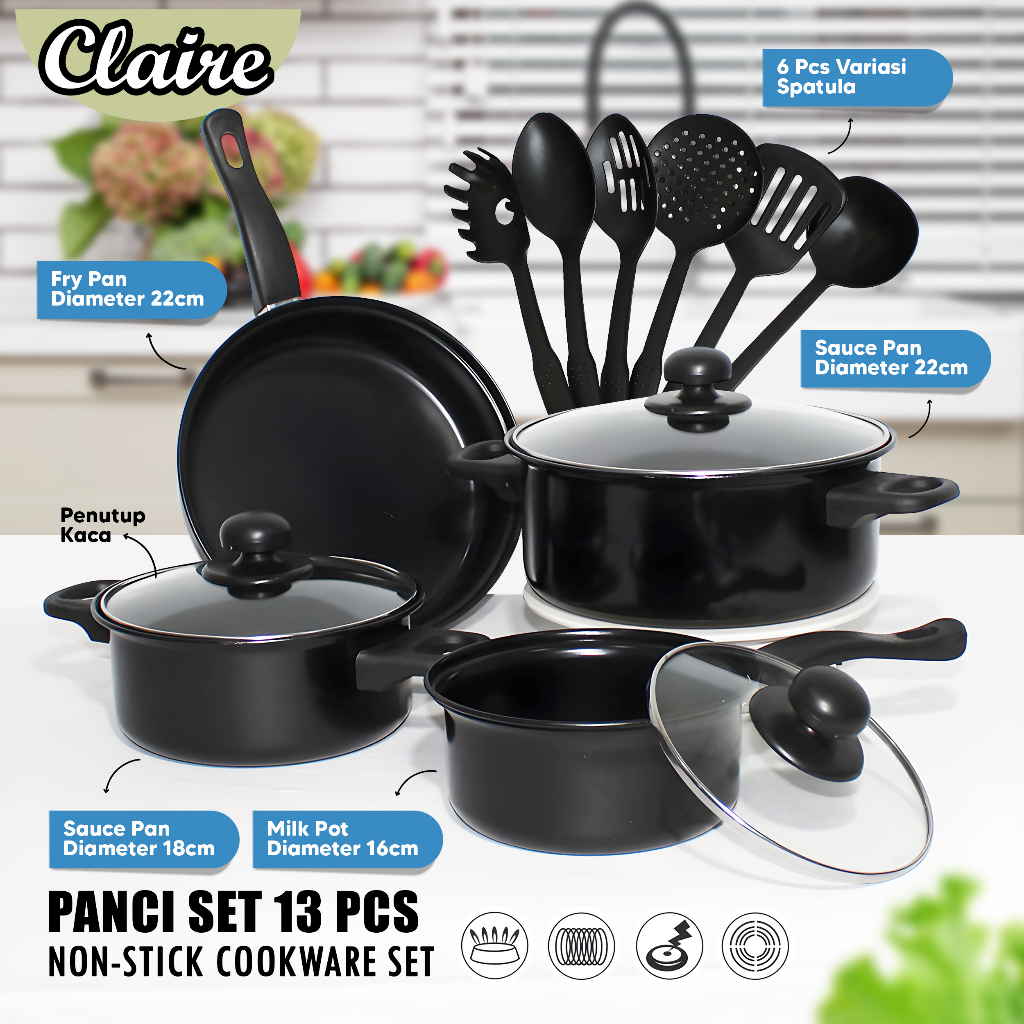 Panci Set 13 Pcs Hitam Anti Lengket Spatula 6 Pcs Penutup Kaca / Cookware Set Non-Stick