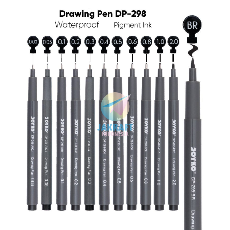 

(1 Pcs) Drawing Pen JOYKO DP-298 Tinta Pigment Anti Air Koleksi Semua Ukuran Brush / 0.03 / 0.05 / 0.1 / 0.2 / 0.3 /0.4 / 0.5 / 0.6 / 0.8 / 1.0 / 2.0 mm All Size Lengkap