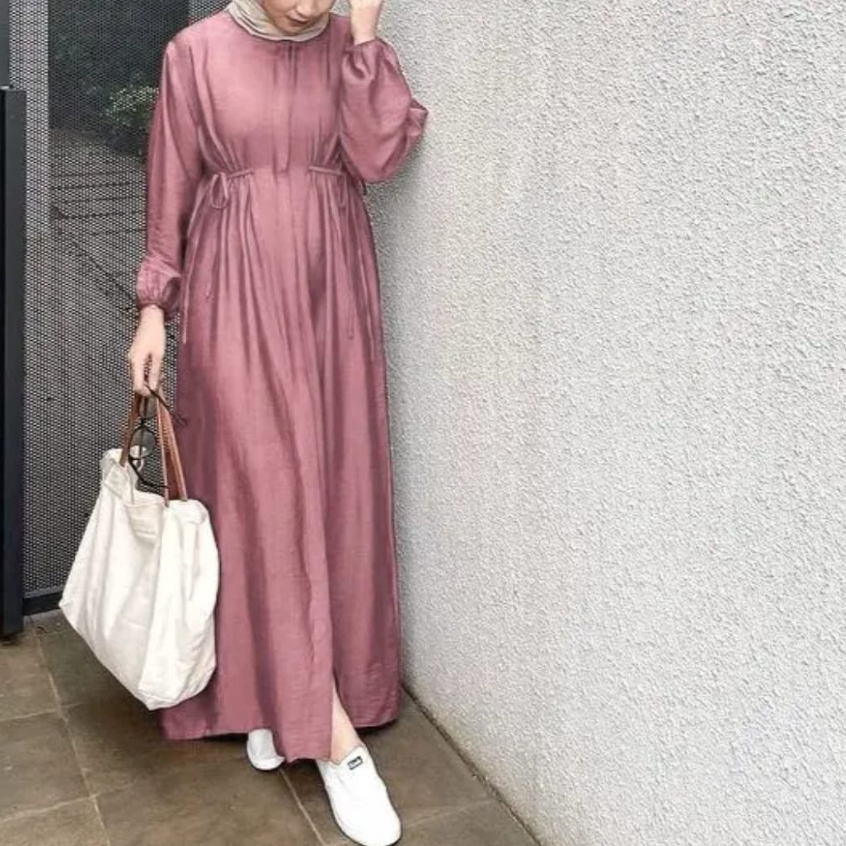 ICH - Gamis Midi Dress Trisha Polo Linen Tali Samping Korean Casual Style