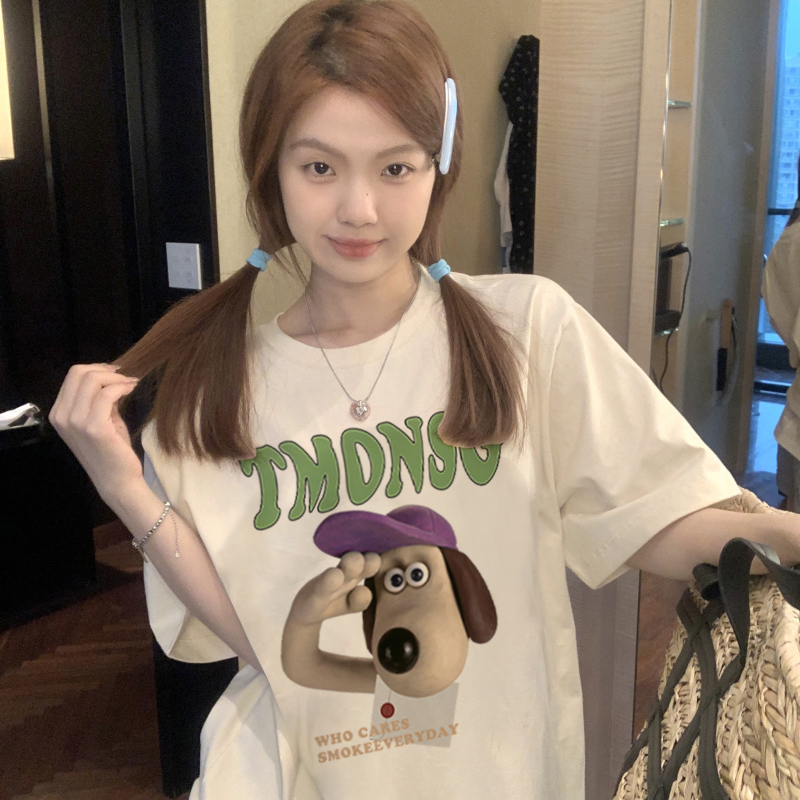 EUNII T-shirt Lengan Pendek Cartoon Salute Harpy Dog Printing Korean Style/Kaos Atasan Wanita/Baju Wanita/Kaos Wanita