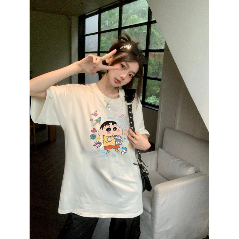 EUNII T-shirt Lengan Pendek Cartoon Crayon Shinchan Printing Korean Style/Kaos Atasan Wanita/Baju Wanita/Kaos Wanita