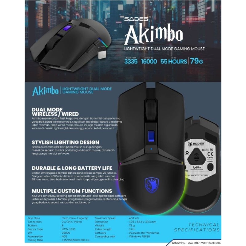 Mouse Gaming Sades Akimbo Dual Mode