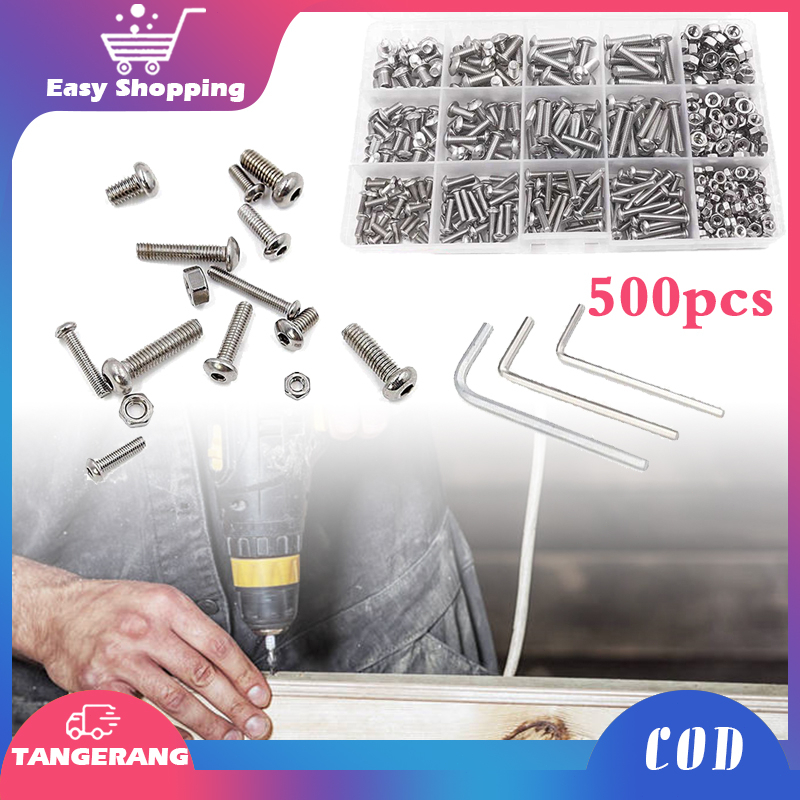 500pcs Baut Soket Mur dan Mur Stainless Steel 304 Hex Socket Bolt and Nuts Set M3/M4/M5