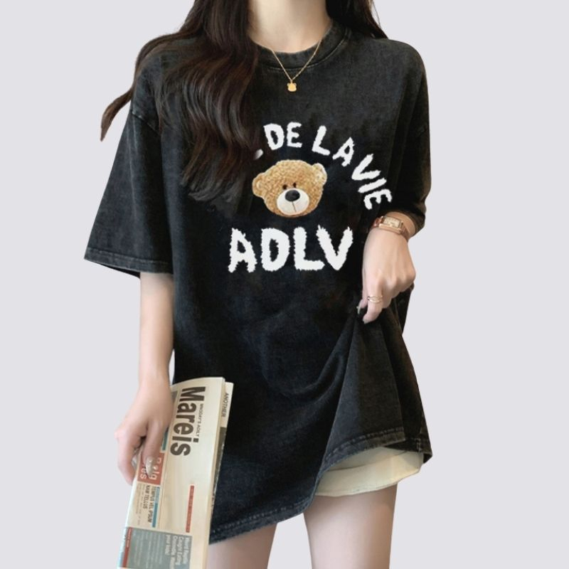 XiaoZhaiNv Korean Style Boneka Beruang Pattern Washed Printing Kaos Wanita A0922/Baju Wanita Kekinian