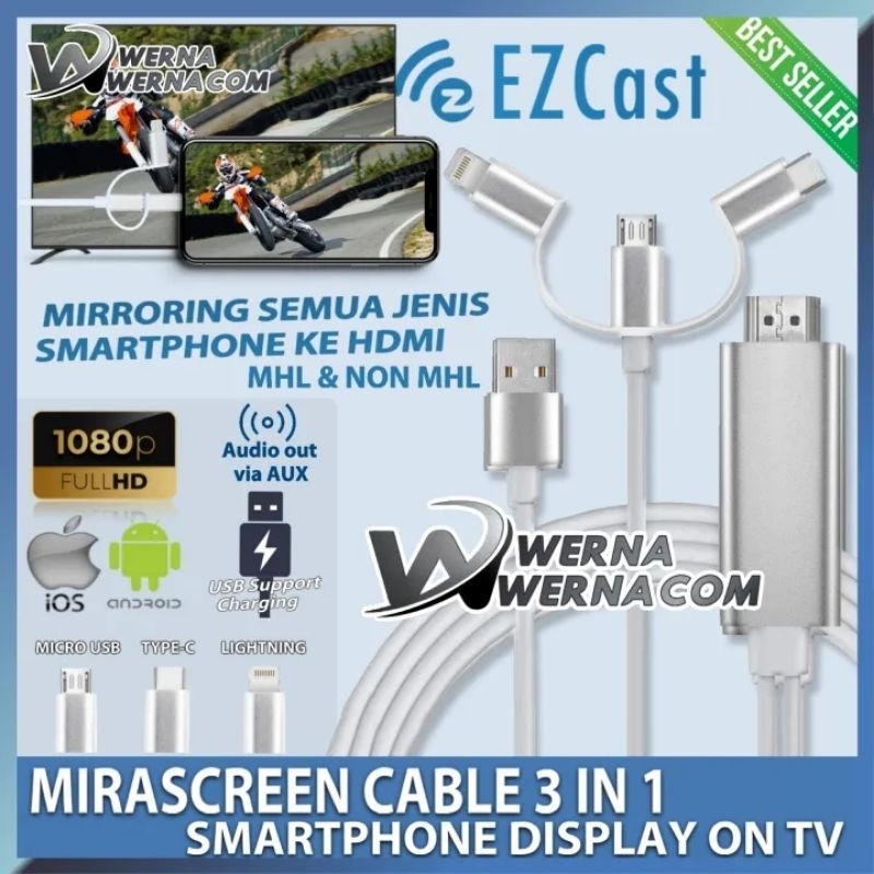 Kabel Mirascreen  3in1 All Smartphone to HDMI Support MHL / Non MHL 1080p  Smartphone to TV