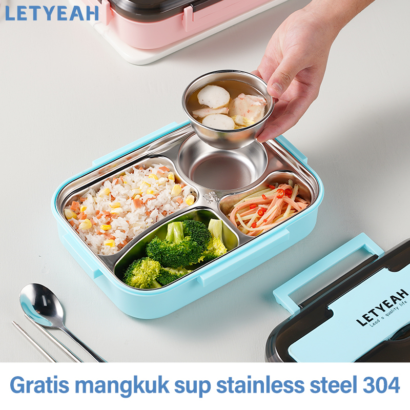 letyeah Lunch box stainless 4 skeat anti tumpah dan tahan panas kotak makan set tas/mangkuk sup/tempat bekal makan