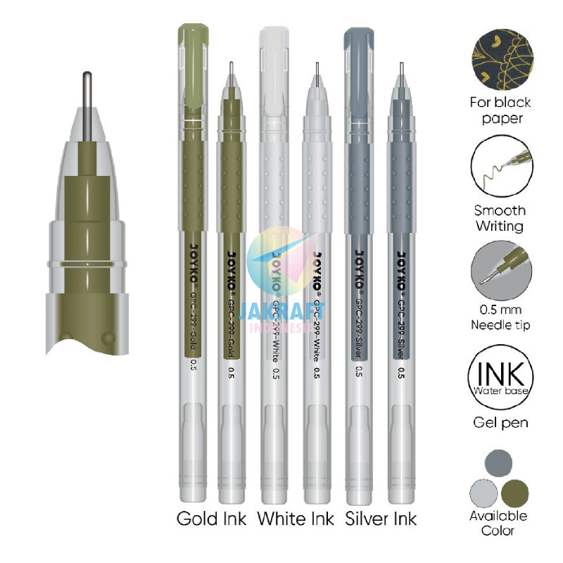 

(1 Pcs) Pulpen Bolpen Gel Pen JOYKO GPC-299 White Putih / Perak Silver / Emas Gold Premium Color