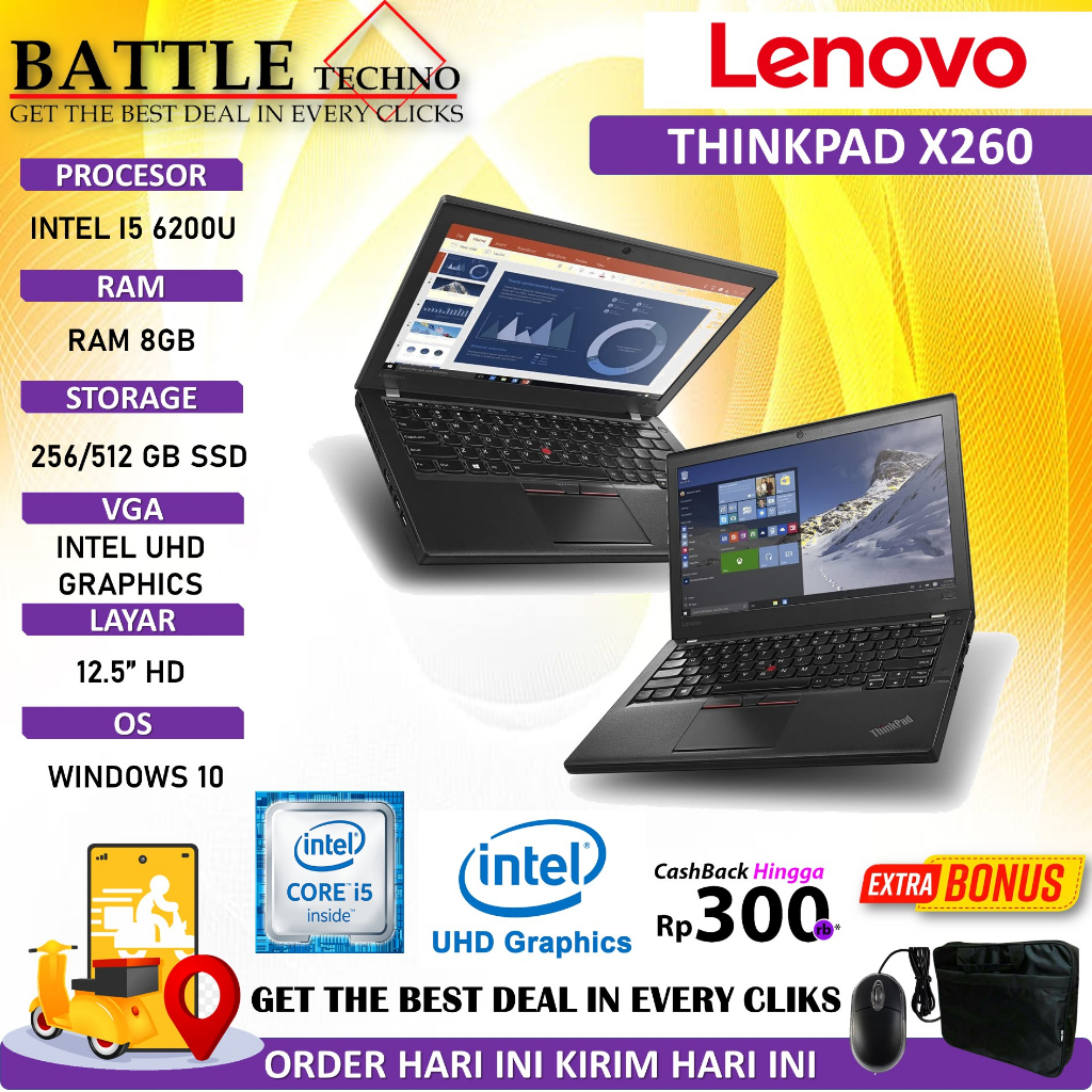 LAPTOP LENOVO THINKPAD X260 INTEL I5 6200U 8GB 512GB 12.5&quot; WIN10PRO TERMURAH