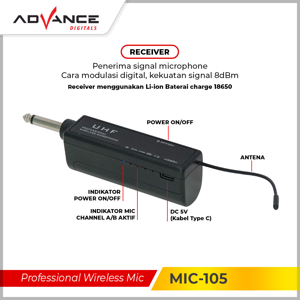 ADVANCE Mikrofon Nirkabel / Wireless Microphone Rechargeable MIC-105 Dengan Kotak Penyimpanan.