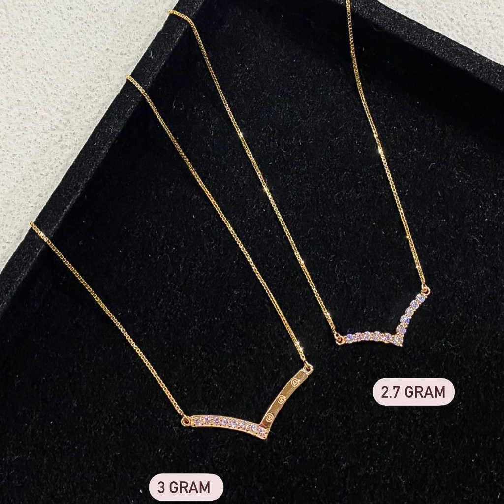 Kalung set anak dan dewasa emas asli kadar 70 16k V love rumbai clover tanpa permata rantai variasi liontin 2 gram