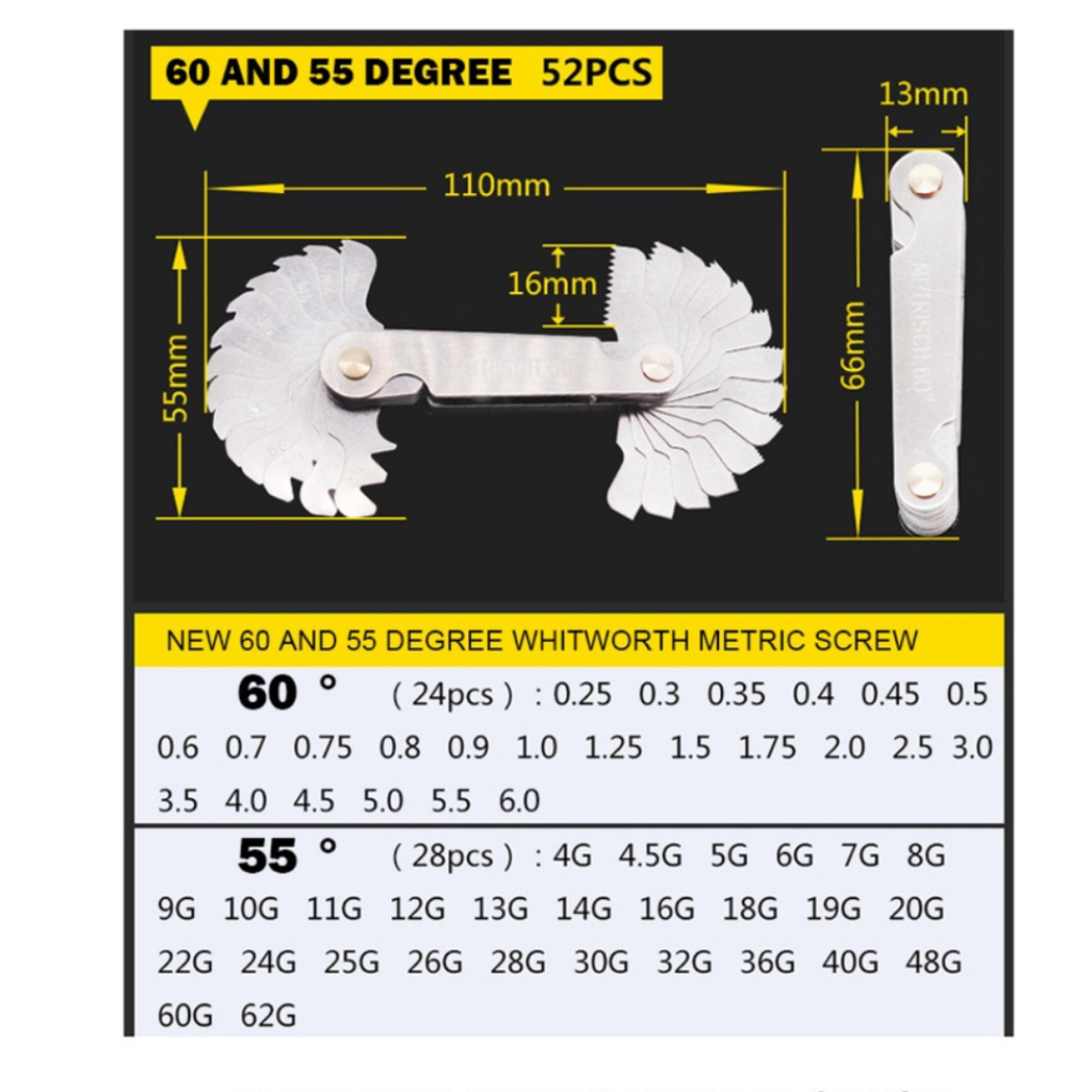 Pengukur Ulir Bulir Baut Mal Thread Screw Drat Pitch Gauge 55 Dan 60 Derajat