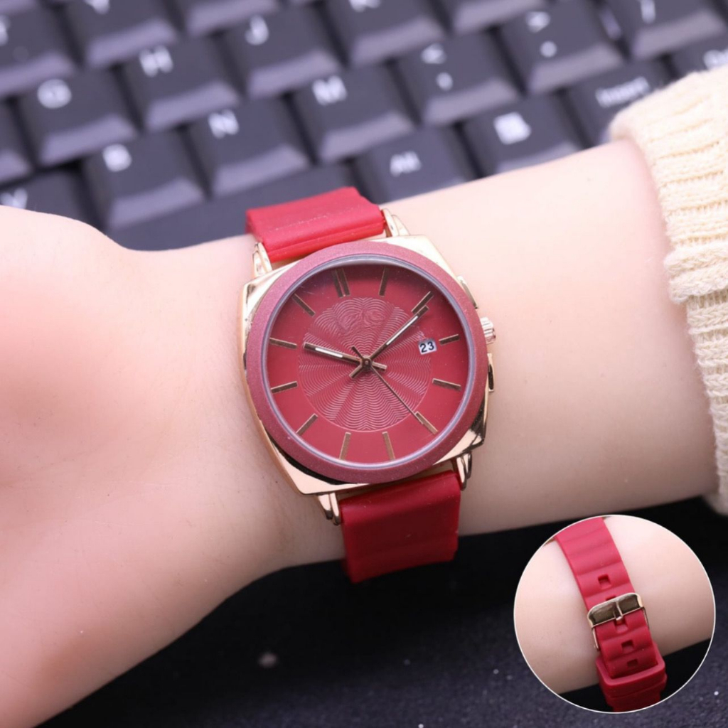 Jam Tangan Wanita Bulat Tanggal Aktif Strap Rubber Warna Lengkap F-555