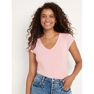 OLD NAVY Fitted Short-Sleeve V-Neck Bodysuit for Women pink