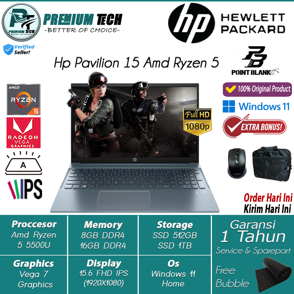 Laptop Gaming Slim HP Pavilion 15 Amd Ryzen 5 5500U 16GB 1TB Ssd FHD IPS Windows 11 Horizon Blue Terlaris