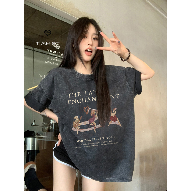 Vintage T-shirt Hitam Washed Oversize Letter Printing Kaos Lengan Pendek Baju Wanita Korean Style