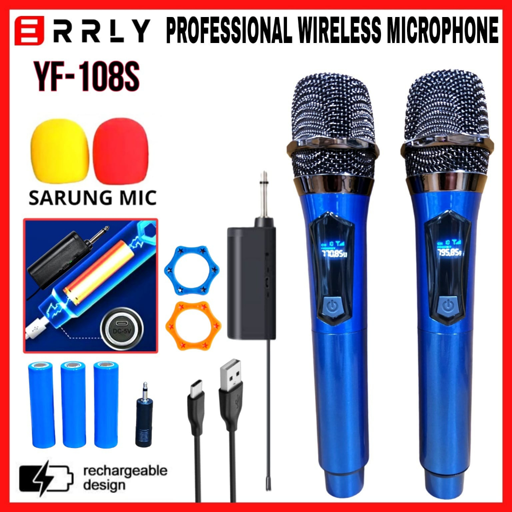 MICROPHONE WIRELESS ERRLY YF-108S UHF Double Mic Digital LED Profesional Chargeable MIKROFON Nirkabel Isi ulang KARAOKE KTV YF108S