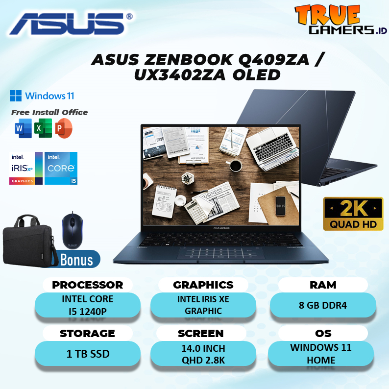 ASUS ZENBOOK Q409ZA / UX3402ZA OLED I5 1240P 8GB 1TBSSD Win 11 14.0QHD 2.8K